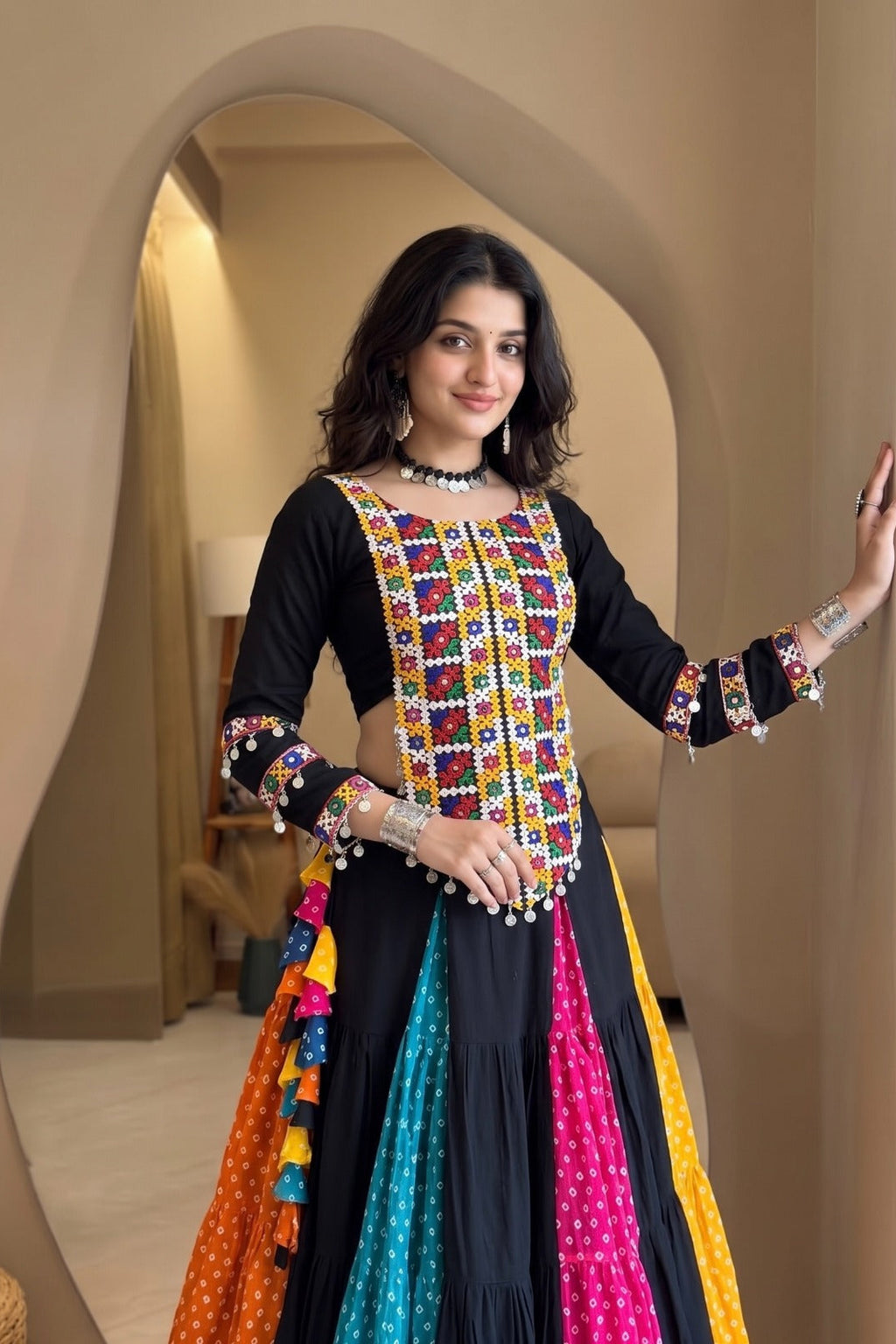 Full look of black Navratri lehenga choli with colorful printed kali panels