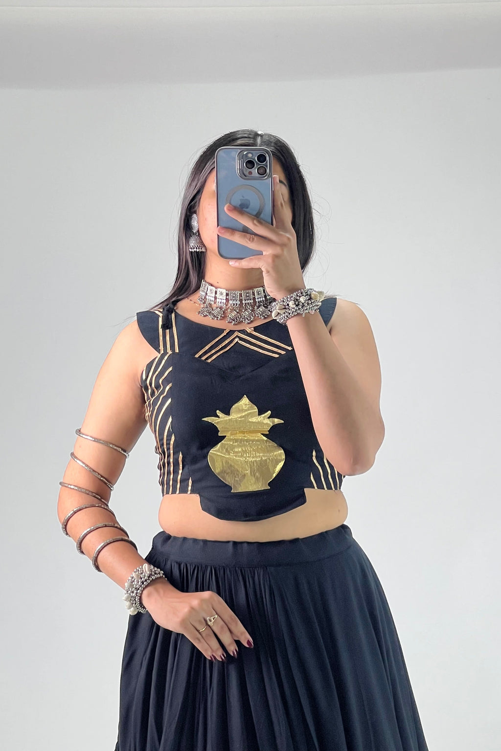 Black rayon cotton chaniya choli with golden Kalash blouse detailing