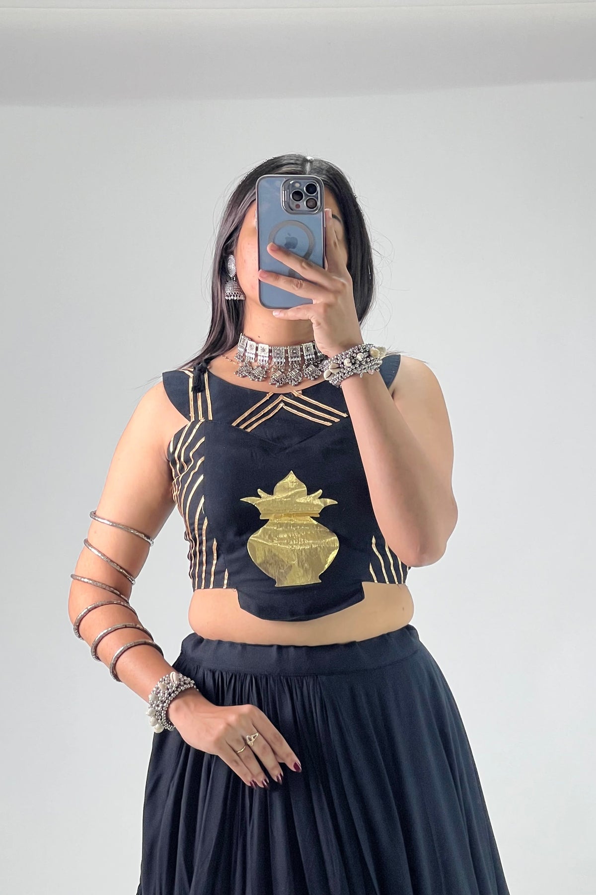 Black rayon cotton chaniya choli with golden Kalash blouse detailing