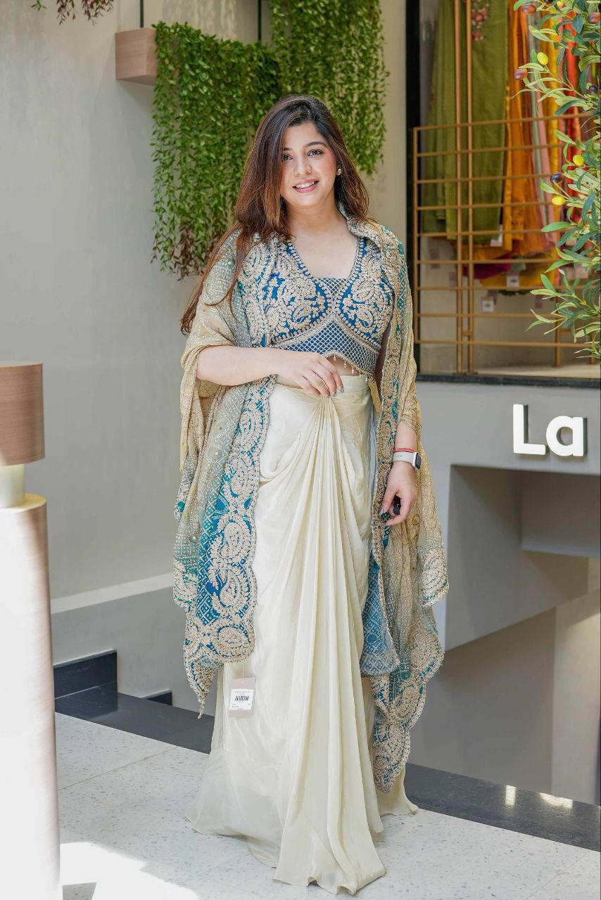 Close view of embroidered Banglory Silk blouse from the Indo Western dhoti set