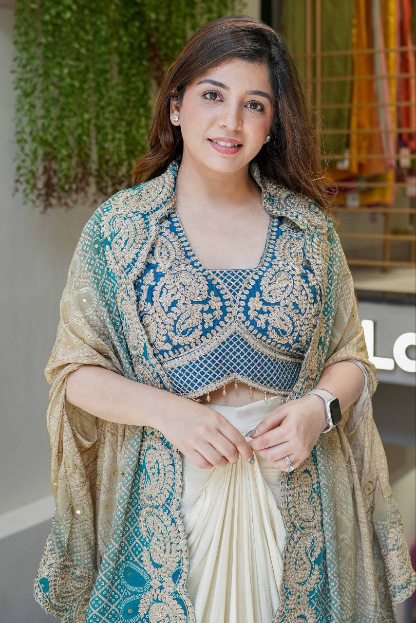 Festive Indo Western dhoti outfit featuring an embroidered blouse and Digital Bandhani print shrug