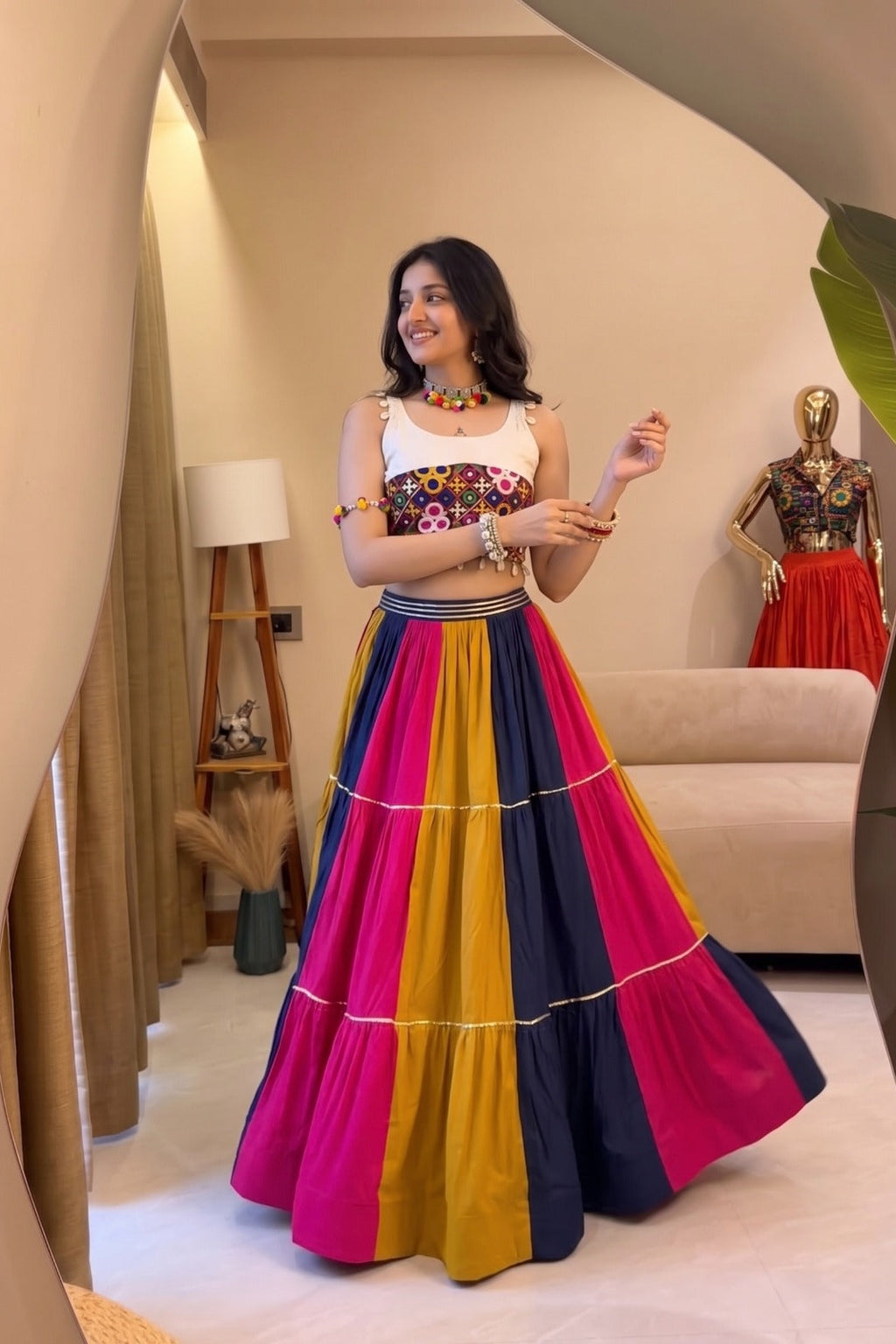 Colorful Garba lehenga choli with traditional work and fully stitched skirt