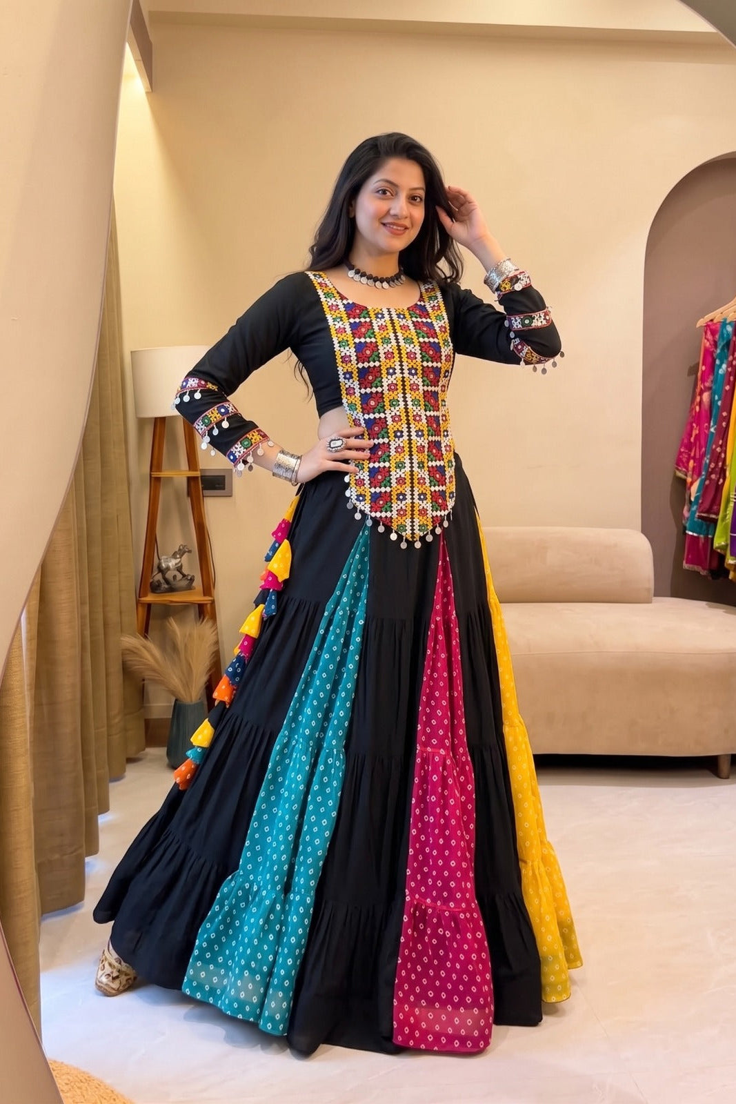 Flared Navratri lehenga choli with colorful panels for Garba and Dandiya nights