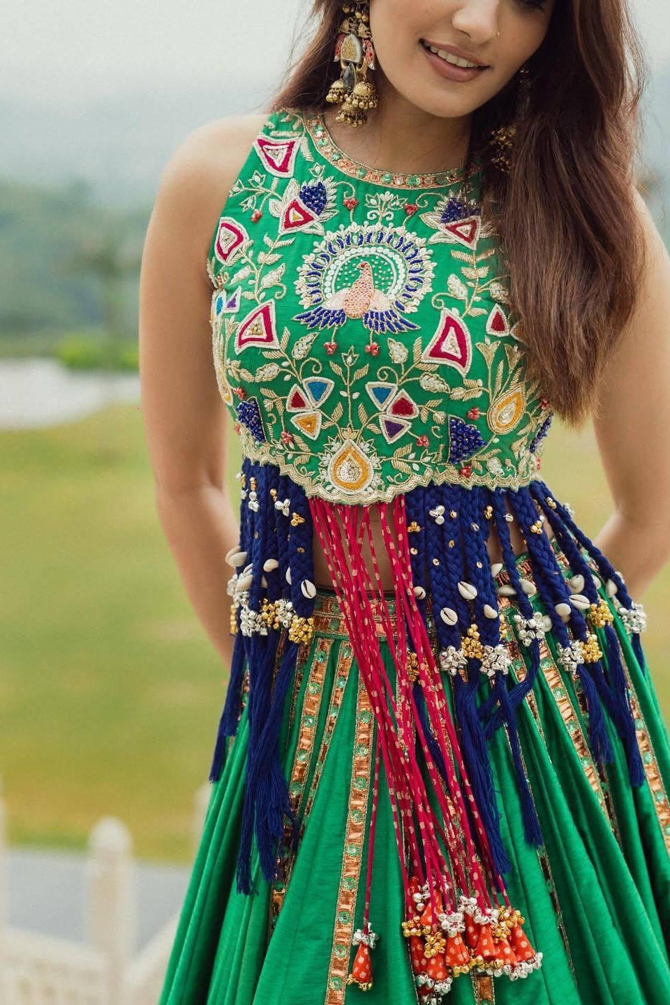 Green Maslin Cotton lehenga showing the printed skirt and flowing silhouette