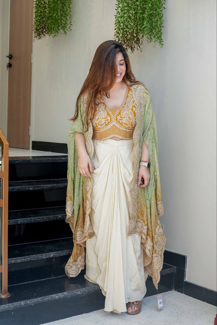 Indian dhoti set with mustard embroidered blouse, ivory dhoti and sage green Bandhani print shrug