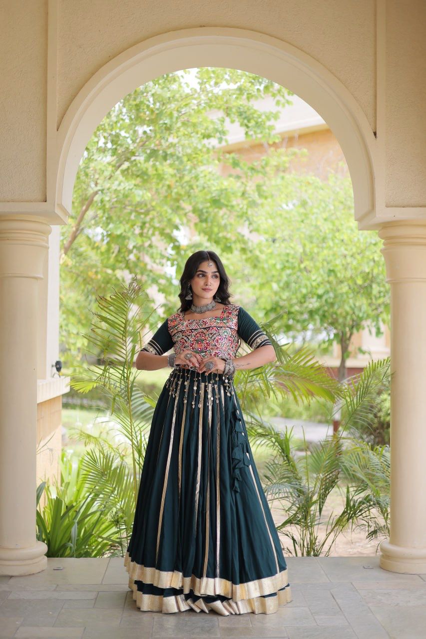 Navratri Indian lehenga choli with embroidered blouse and detailed flared skirt