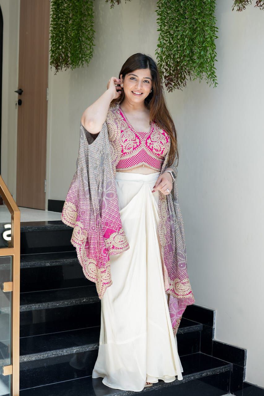 Indo Western dhoti set for women with embroidered pink Banglory silk blouse