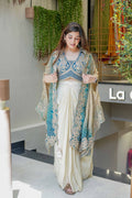 Full view of an Indo Western dhoti set with ivory dhoti, embroidered blouse and flowing shrug