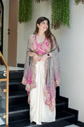 Full view of three-piece Indo Western dhoti set with printed shrug