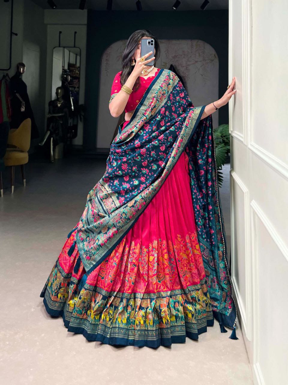 Indian Festive Lehenga set with a matching blouse and semi-gajji mirror-work dupatta, Komiis Indian ethnic festive collection