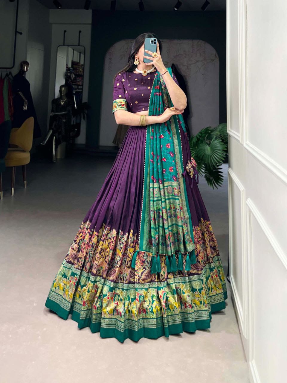 Garba Chaniya Choli set with a matching blouse and semi-gajji mirror-work dupatta, Komiis Indian ethnic festive collection