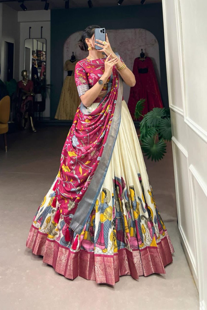 Rayon Cotton Lehenga Choli set with a matching blouse and semi-gajji mirror-work dupatta, Komiis Indian ethnic festive collection