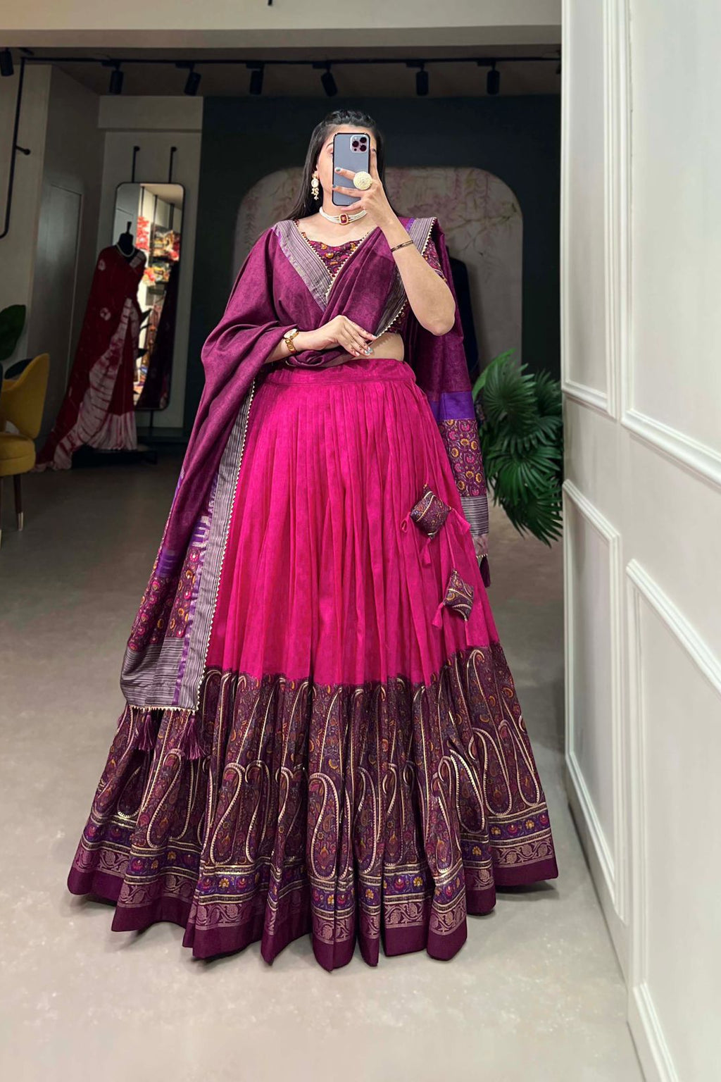 Festive Lehenga Choli set with a matching blouse and semi-gajji mirror-work dupatta, Komiis Indian ethnic festive collection