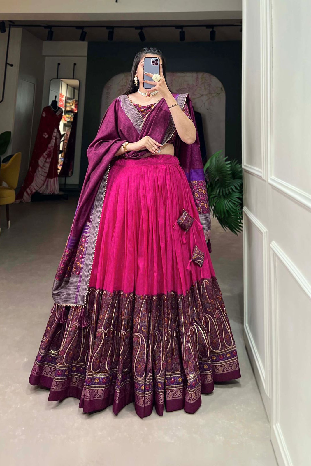 Festive Lehenga Choli set with a matching blouse and semi-gajji mirror-work dupatta, Komiis Indian ethnic festive collection