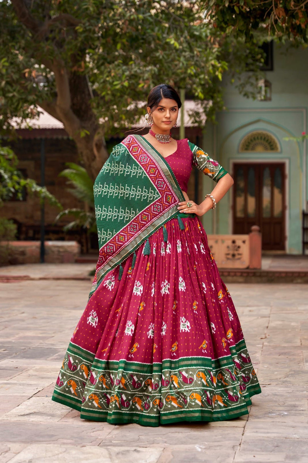 Indian Festive Lehenga set with a matching blouse and semi-gajji mirror-work dupatta, Komiis Indian ethnic festive collection