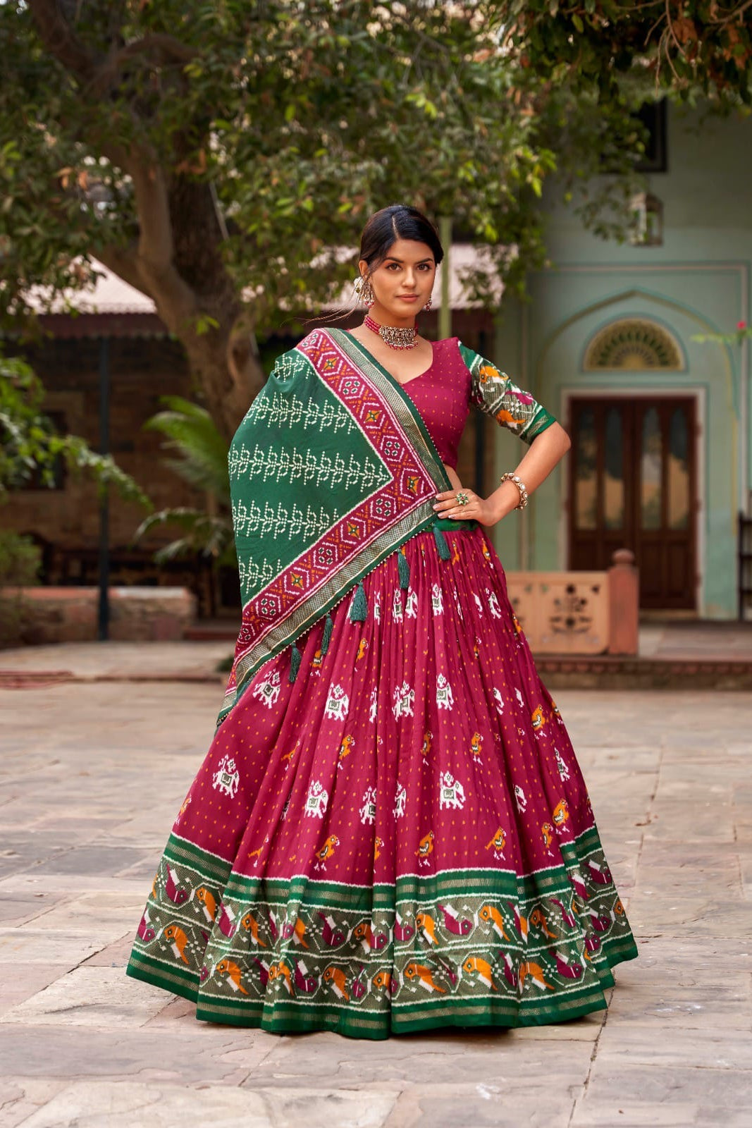 Indian Festive Lehenga set with a matching blouse and semi-gajji mirror-work dupatta, Komiis Indian ethnic festive collection