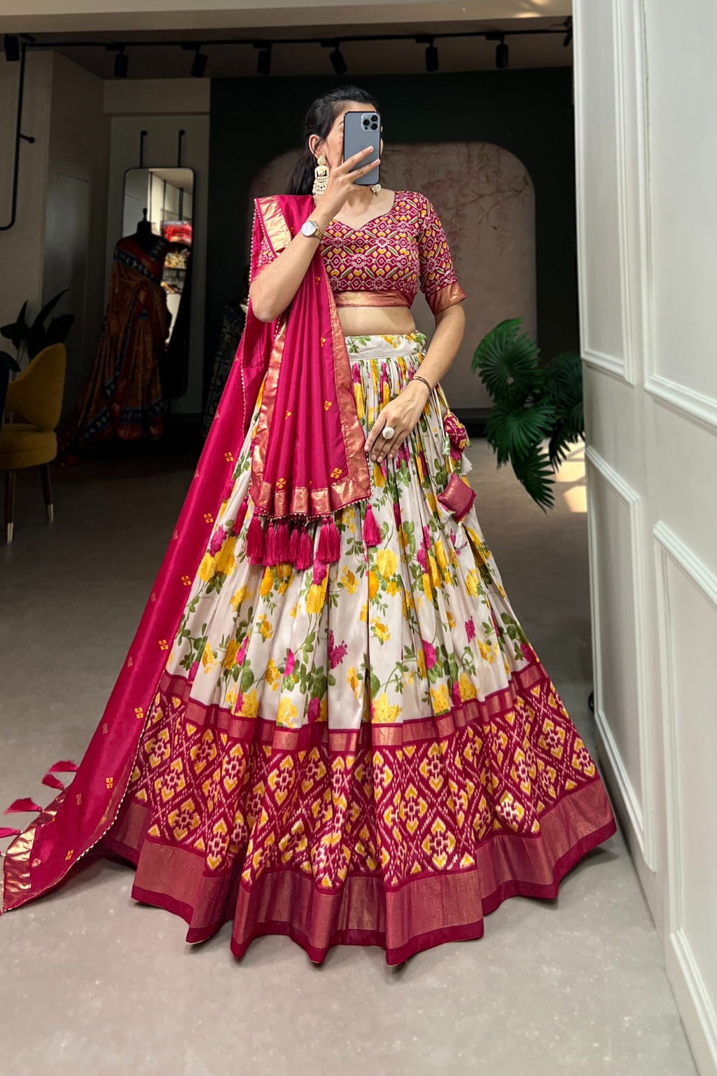 Rayon Cotton Lehenga Choli set with a matching blouse and semi-gajji mirror-work dupatta, Komiis Indian ethnic festive collection