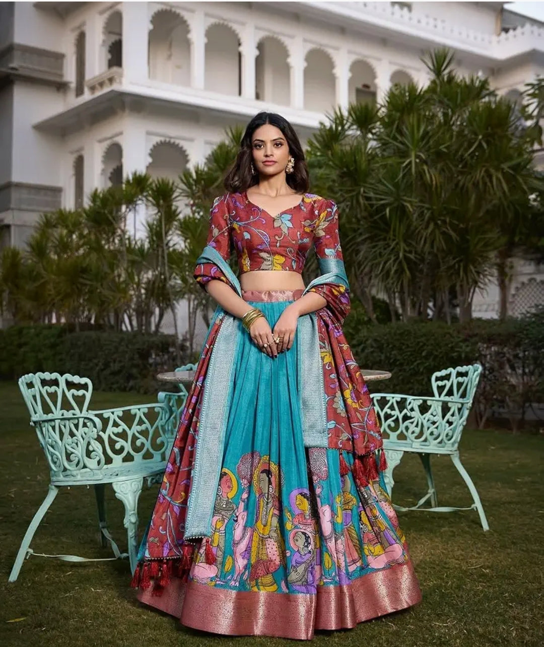 Rayon Cotton Lehenga Choli set with a matching blouse and semi-gajji mirror-work dupatta, Komiis Indian ethnic festive collection