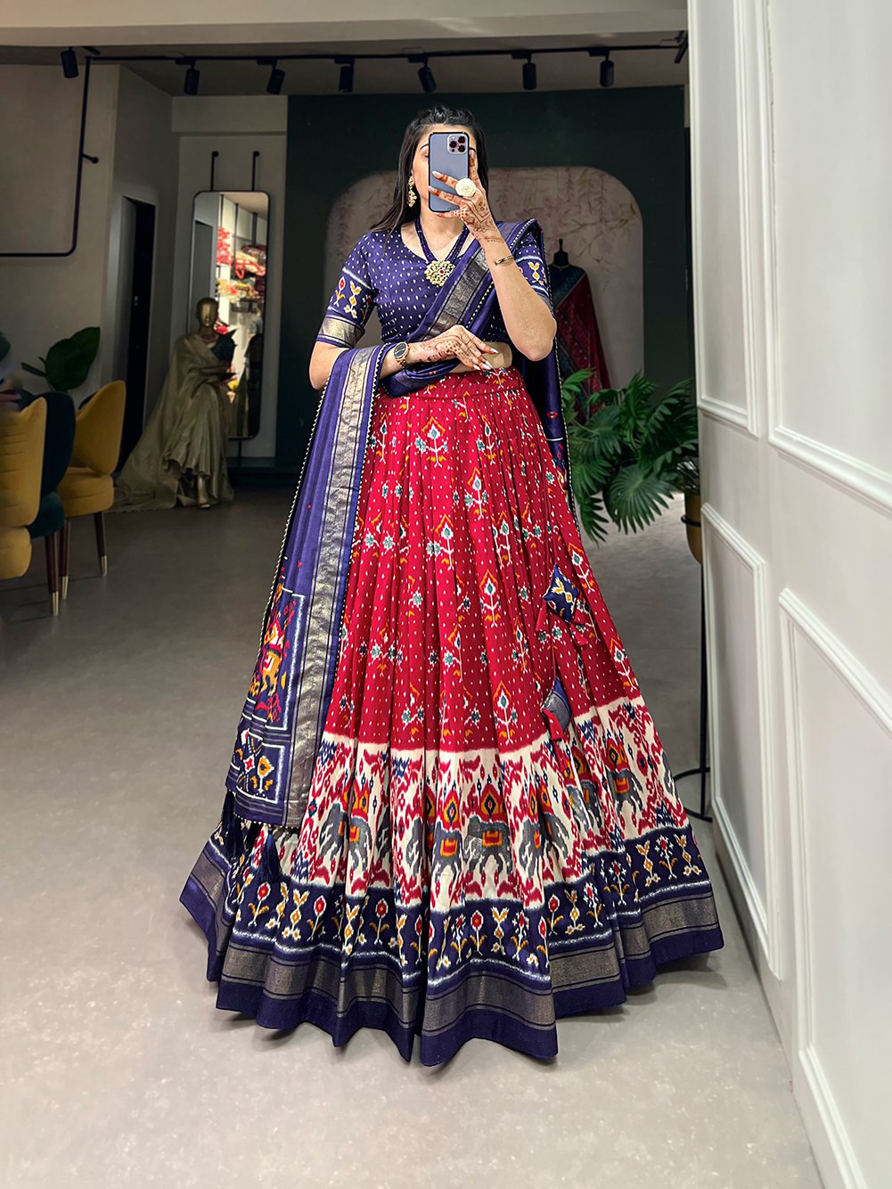 Indian Lehenga Choli set with a matching blouse and semi-gajji mirror-work dupatta, Komiis Indian ethnic festive collection
