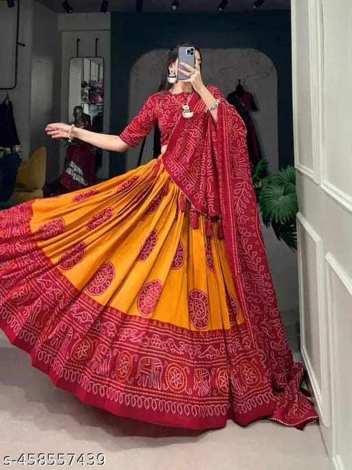Traditional Chaniya Choli set with a matching blouse and semi-gajji mirror-work dupatta, Komiis Indian ethnic festive collection