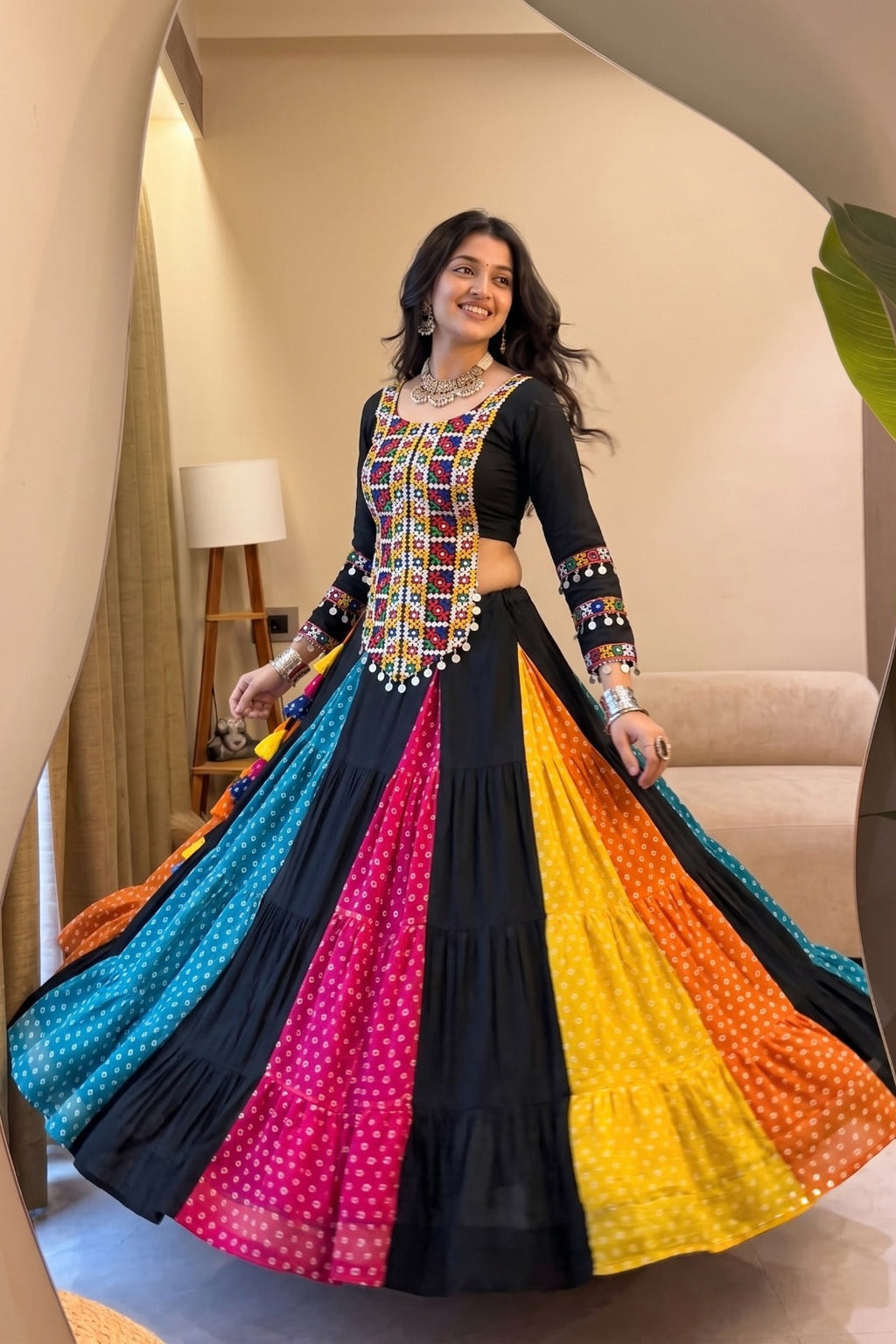Close view of Kutchhi mirror work top with colorful traditional detailing