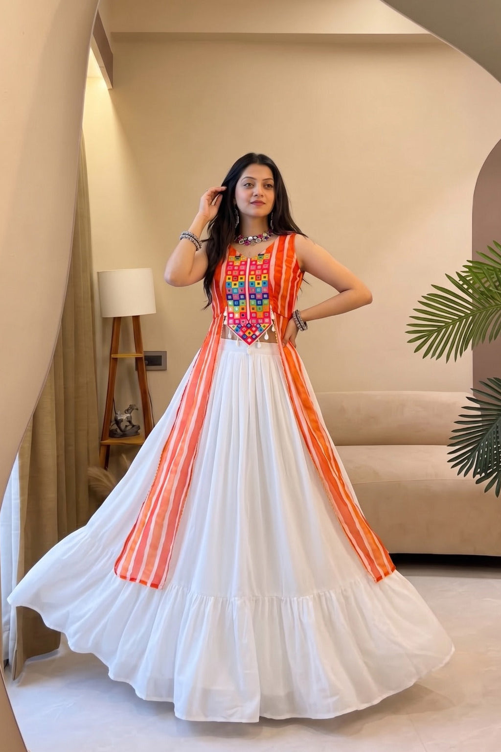 Indian ethnic Leheriya lehenga set with mirror and Gota Patti detailing