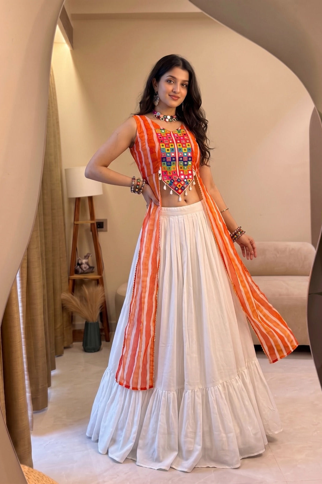 Leheriya lehenga outfit styled for festive Garba and traditional celebrations