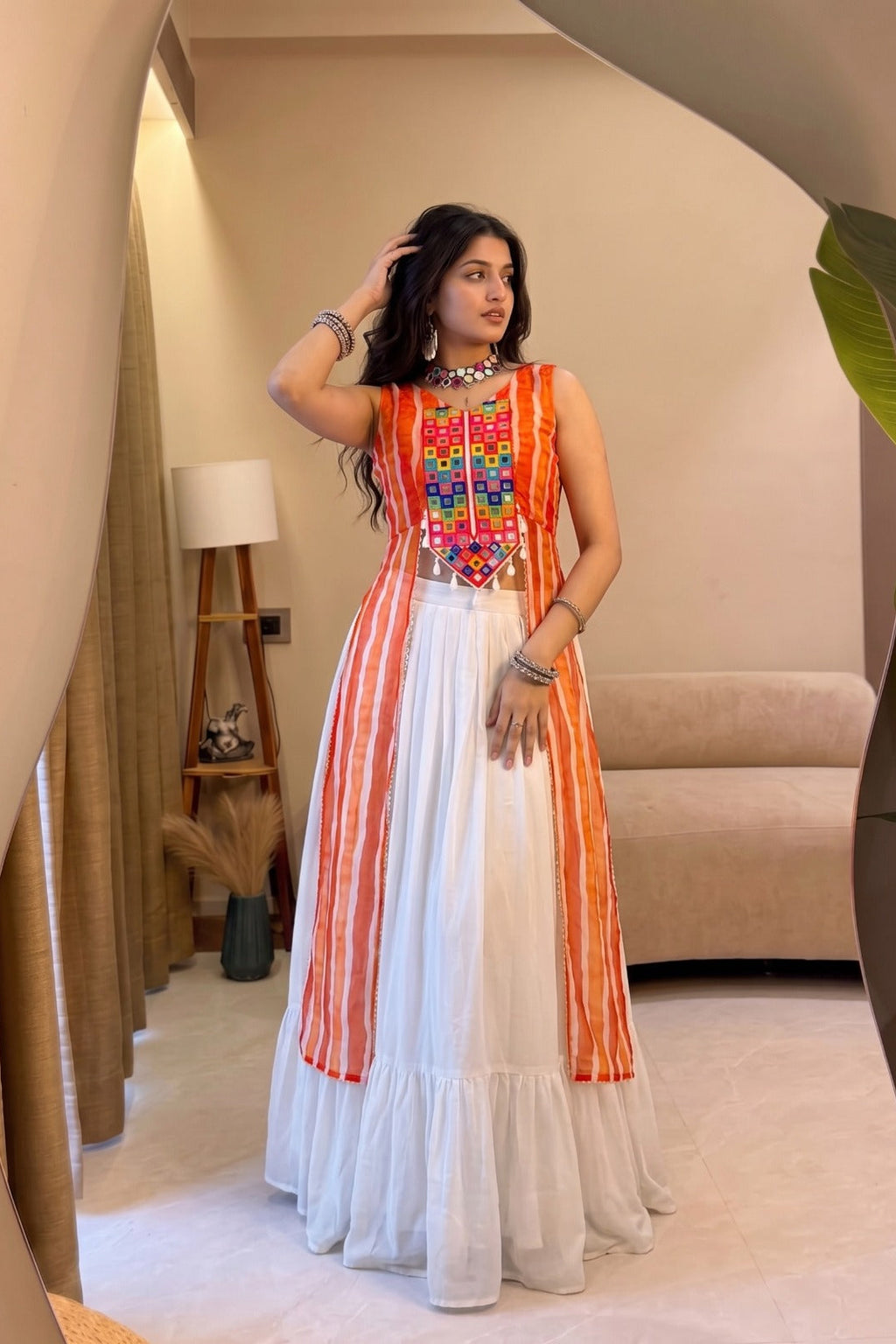 Leheriya printed top with colorful mirror and traditional Kachchi work