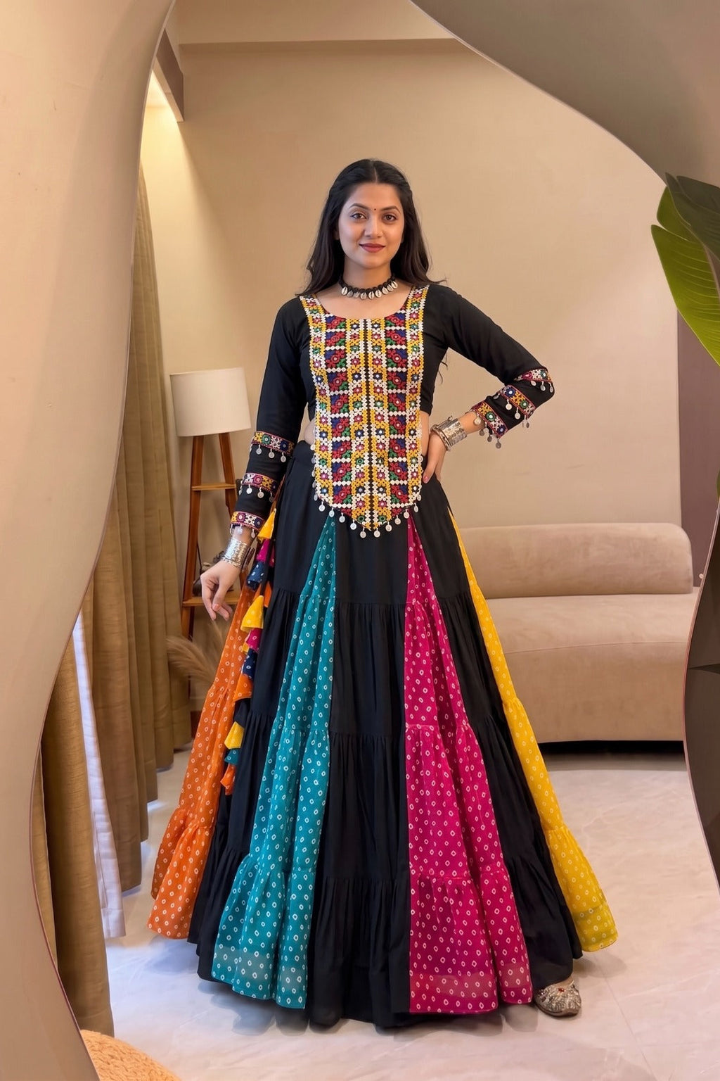 Multicolor Bandhani-print lehenga choli styled for Navratri celebrations