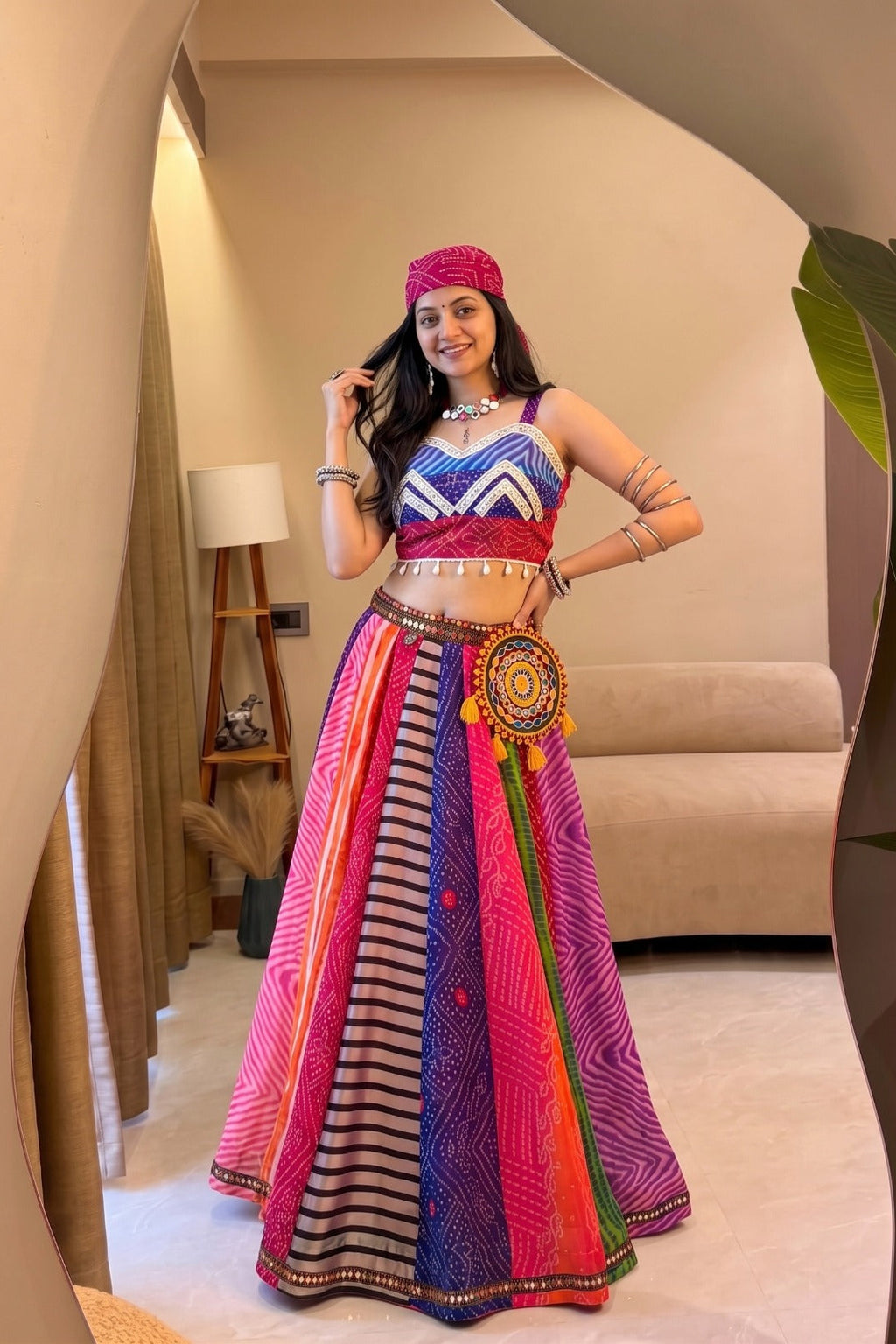 Multicolor Navratri lehenga choli with sleeveless blouse, printed panels and traditional detailing