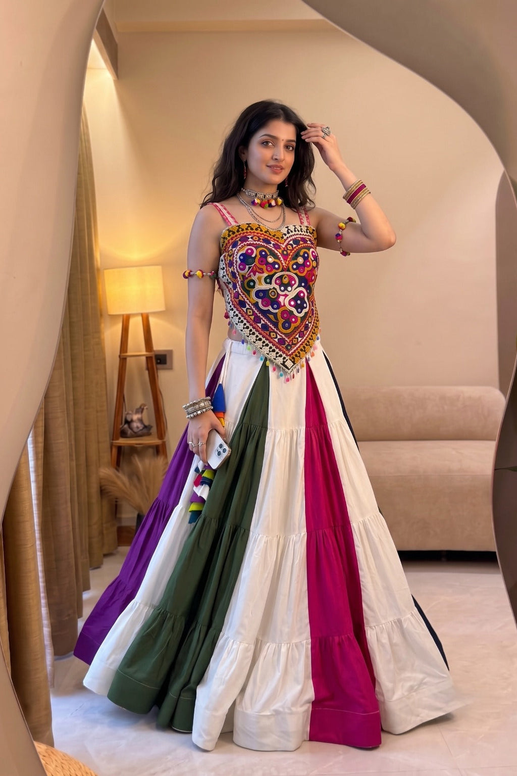 Multicolor Navratri lehenga choli styled for Garba and festive celebrations