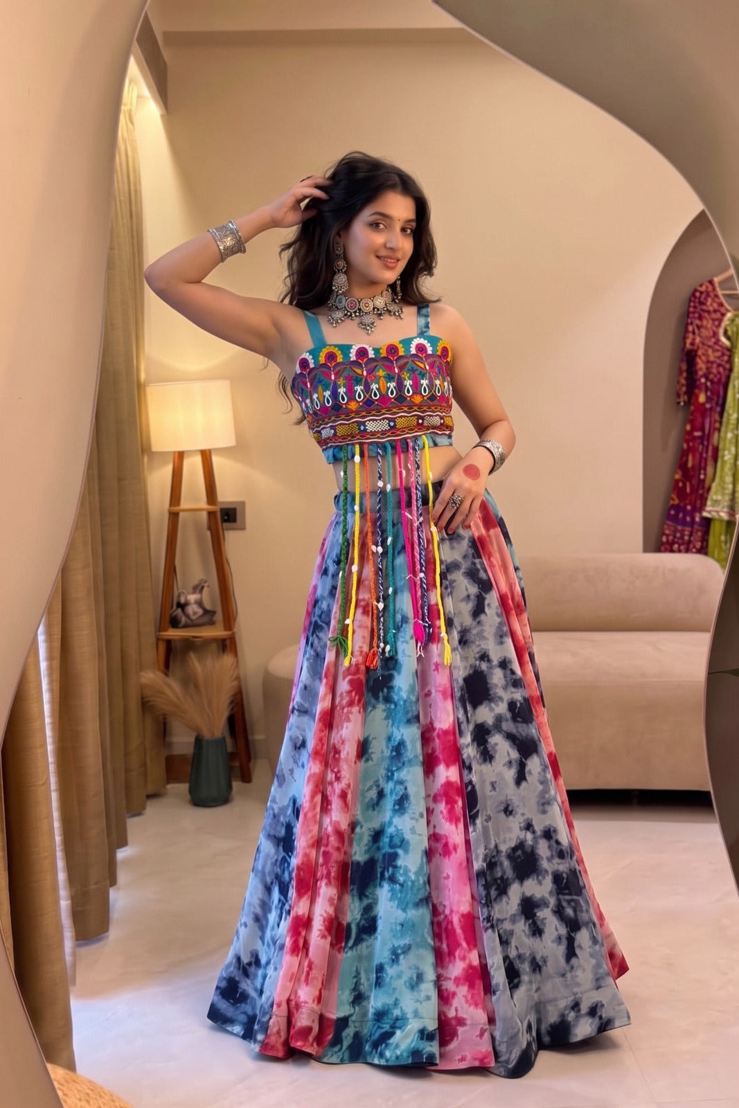Front view of multicolor Shibori print lehenga with flowing 6-meter flair