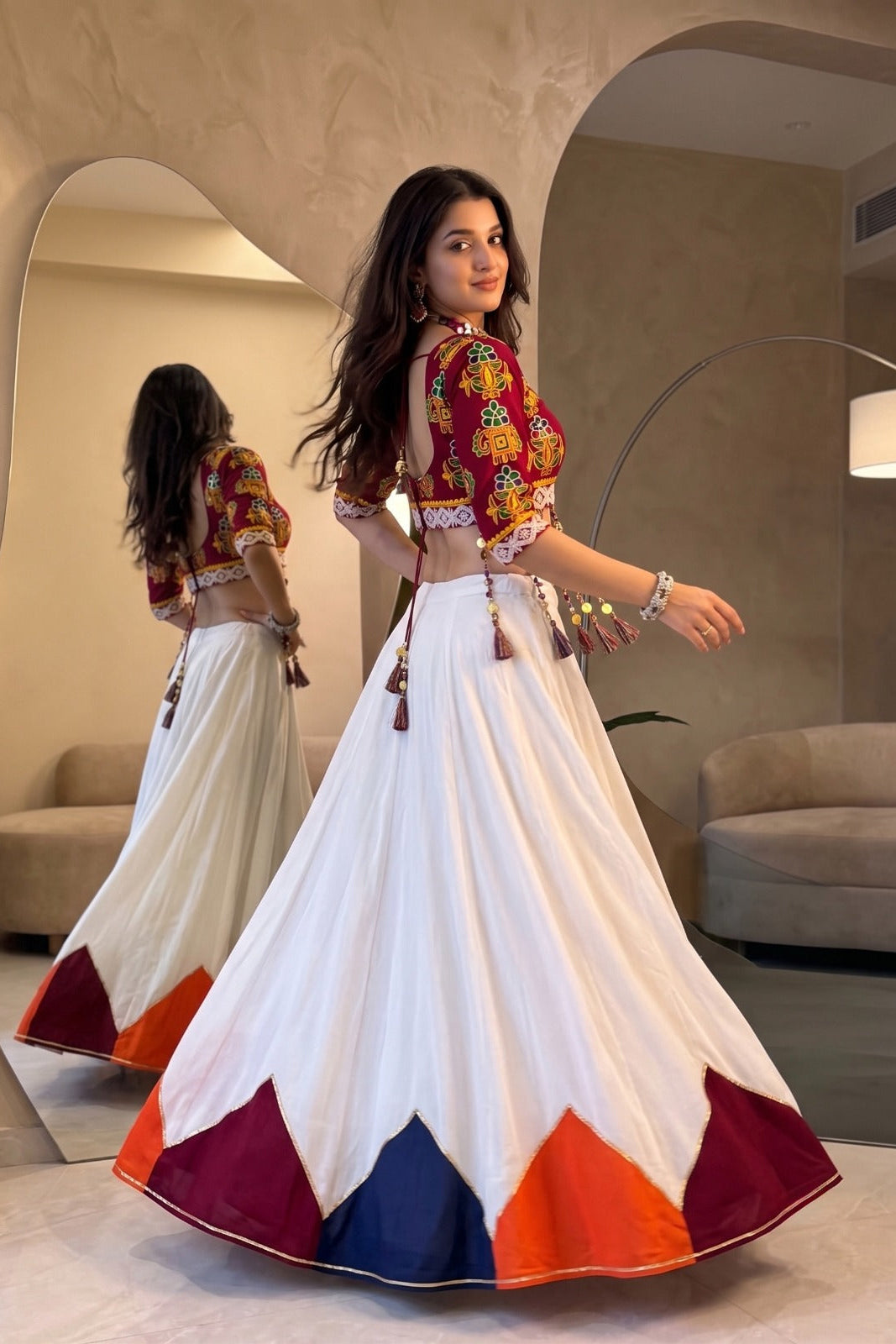 Back view of fully stitched Navratri chaniya choli with dori blouse closure