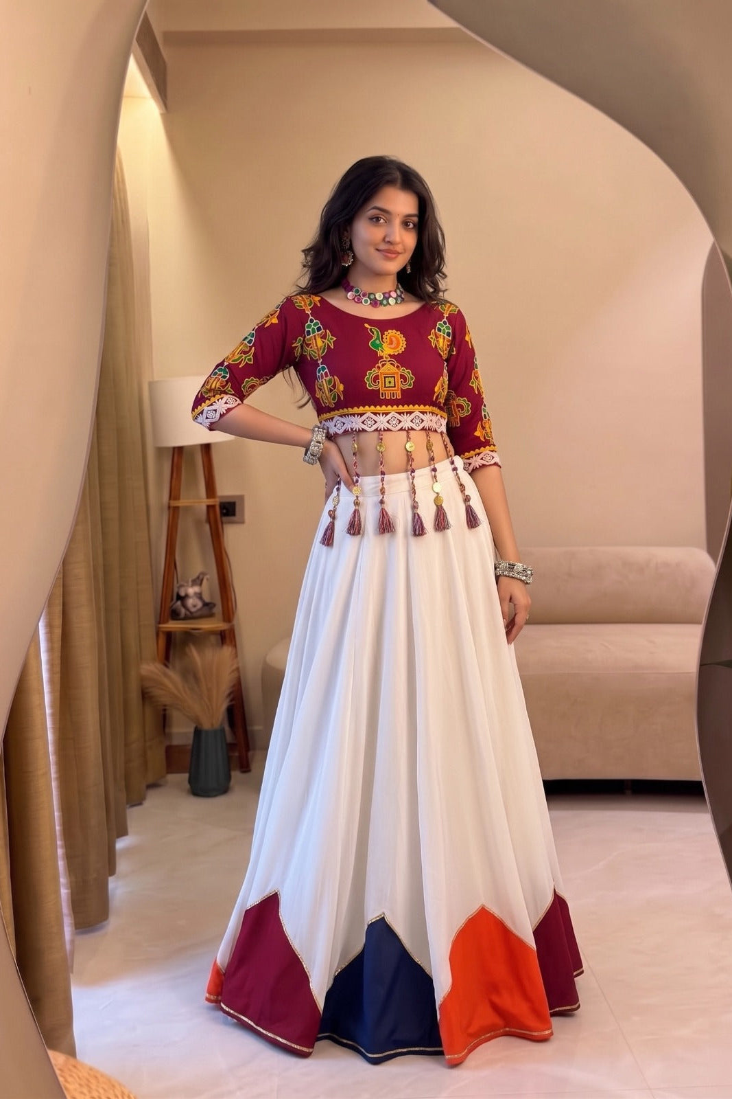 Navratri chaniya choli with white 6-meter flair lehenga and colorful traditional border