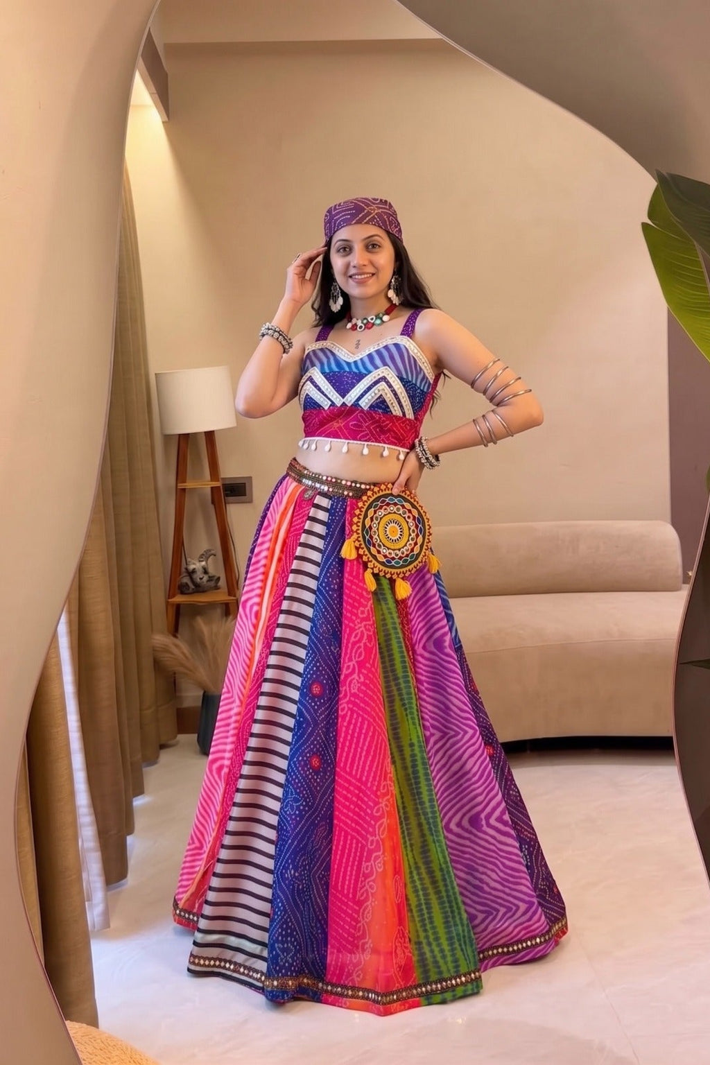 Vibrant Navratri chaniya choli styled for Garba with colorful prints and traditional accessories