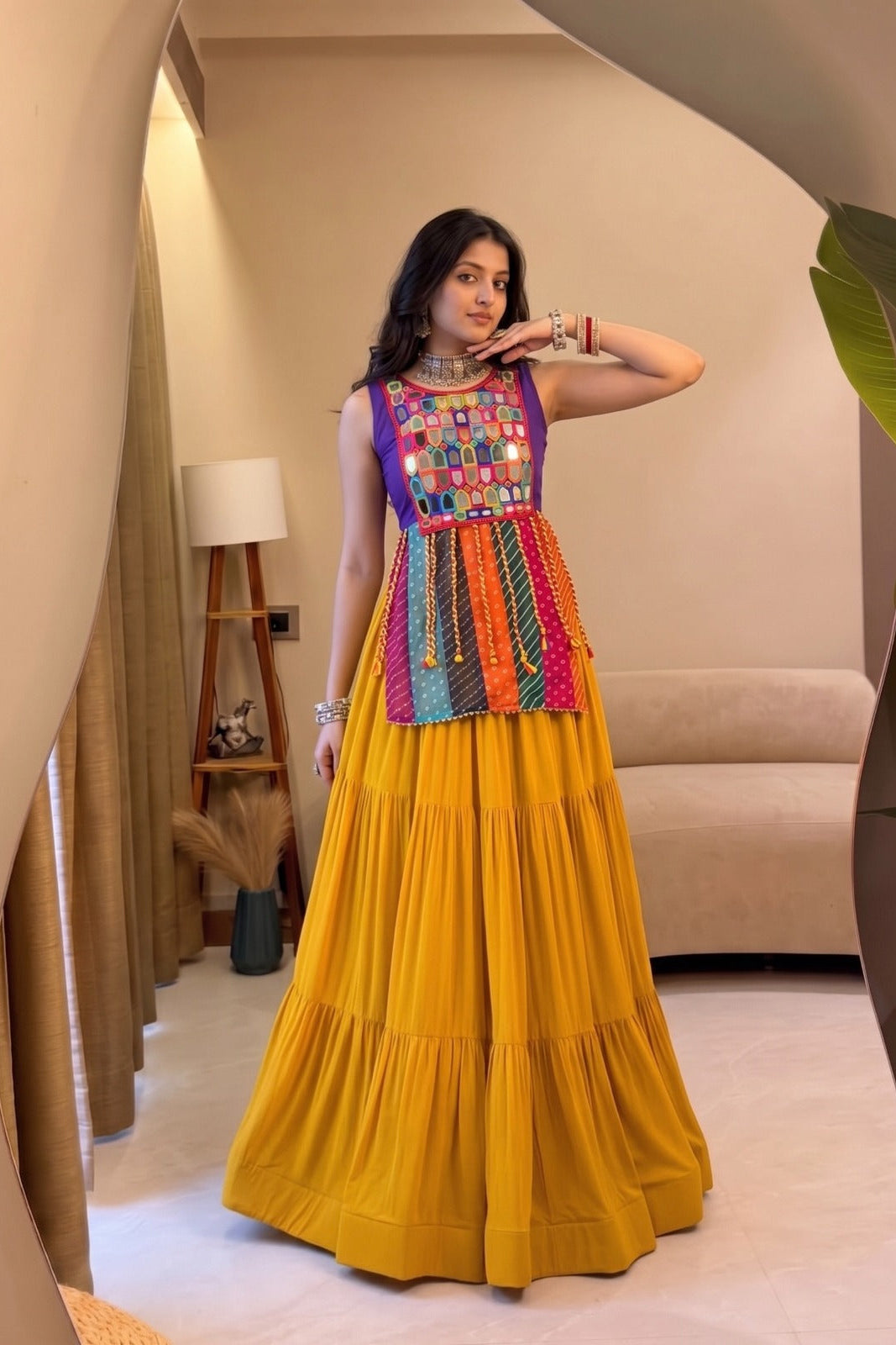 Front view of mustard yellow Navratri Chaniya Choli with multicolor blouse