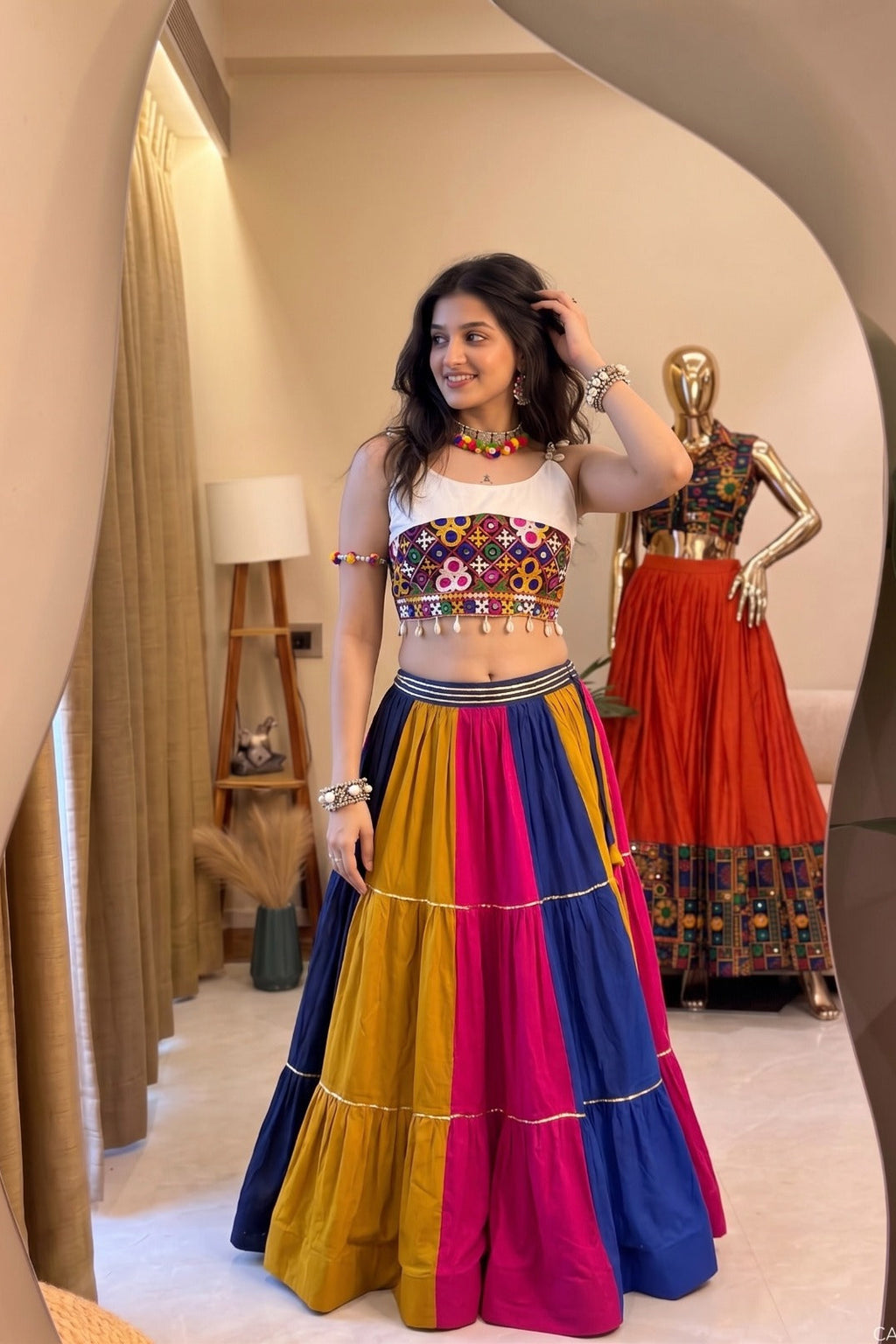 Navratri lehenga choli styled with traditional accessories and multicolor details
