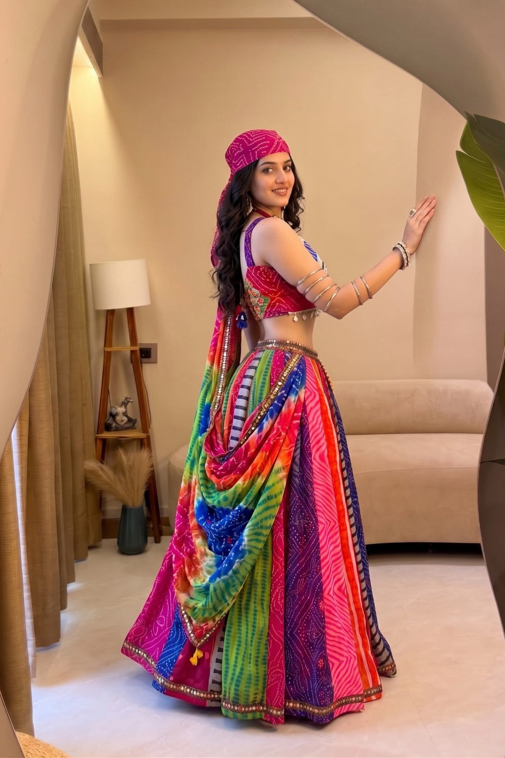 Multicolor Navratri lehenga choli showing the printed skirt and decorative border from the back