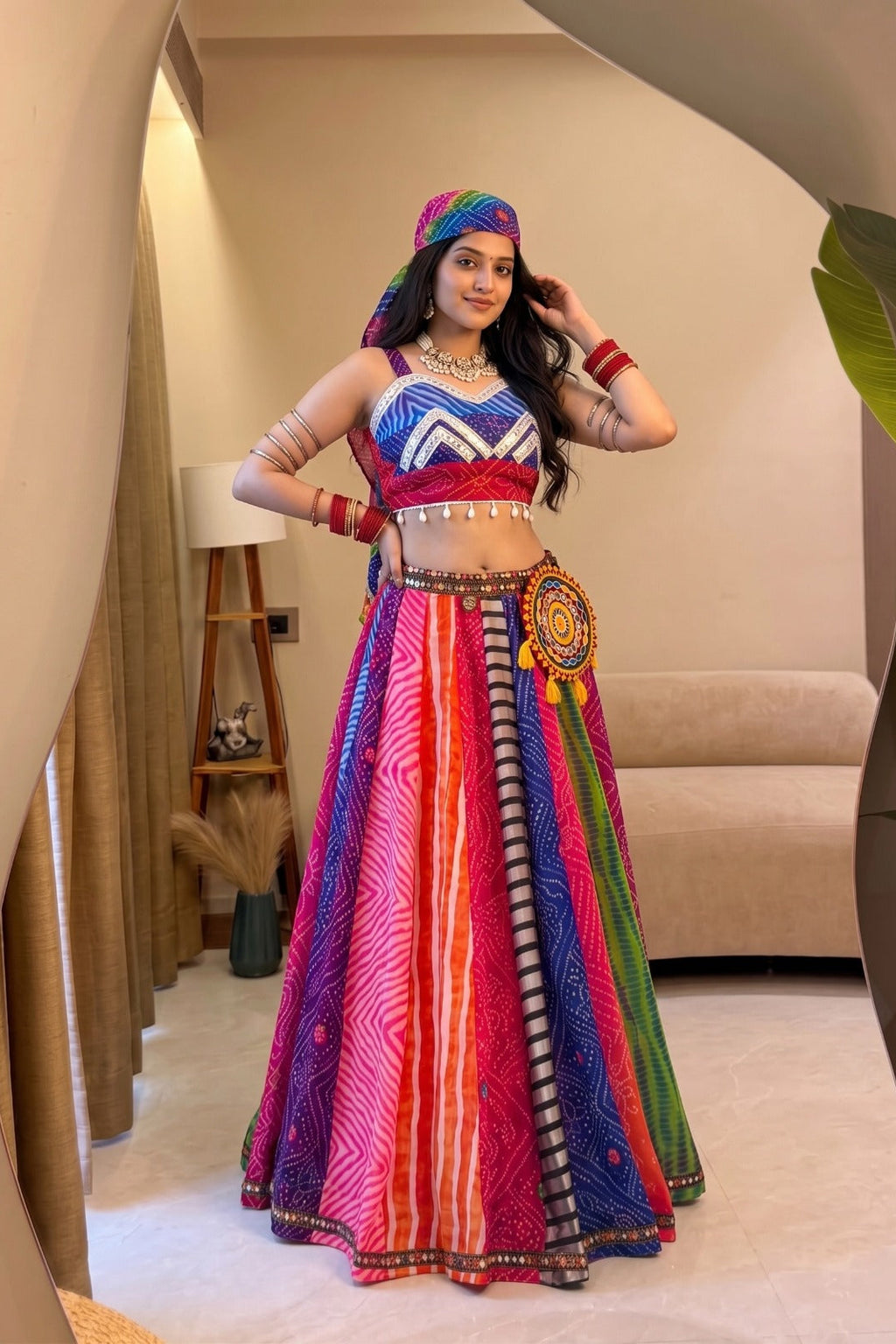 Colorful Navratri lehenga choli with printed skirt, sleeveless choli and traditional festive accessories