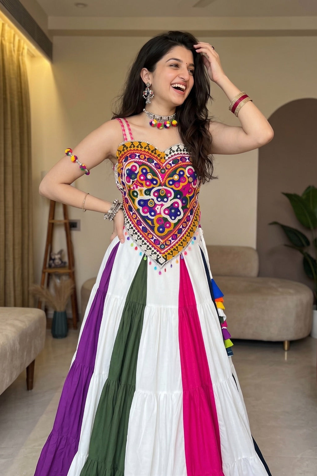 Navratri lehenga choli with multicolor frilled Kali panels and traditional blouse