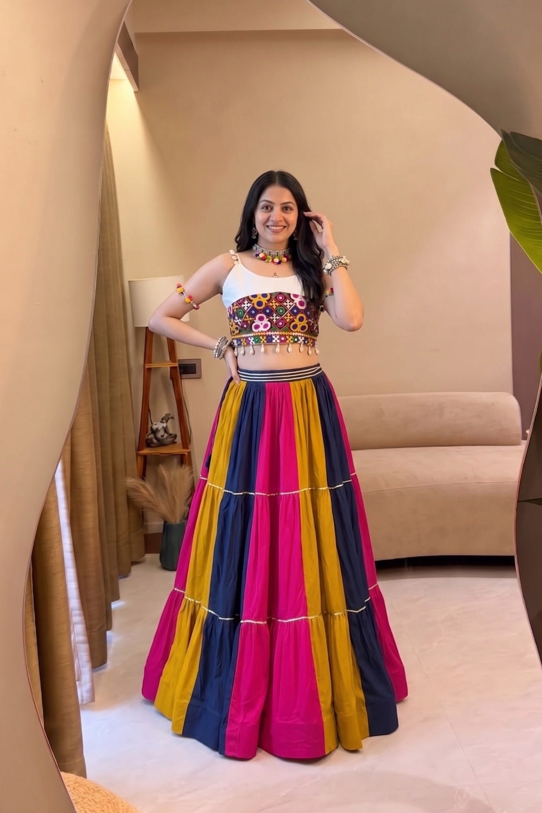 Full look of a colorful Navratri lehenga choli with 6-meter flair