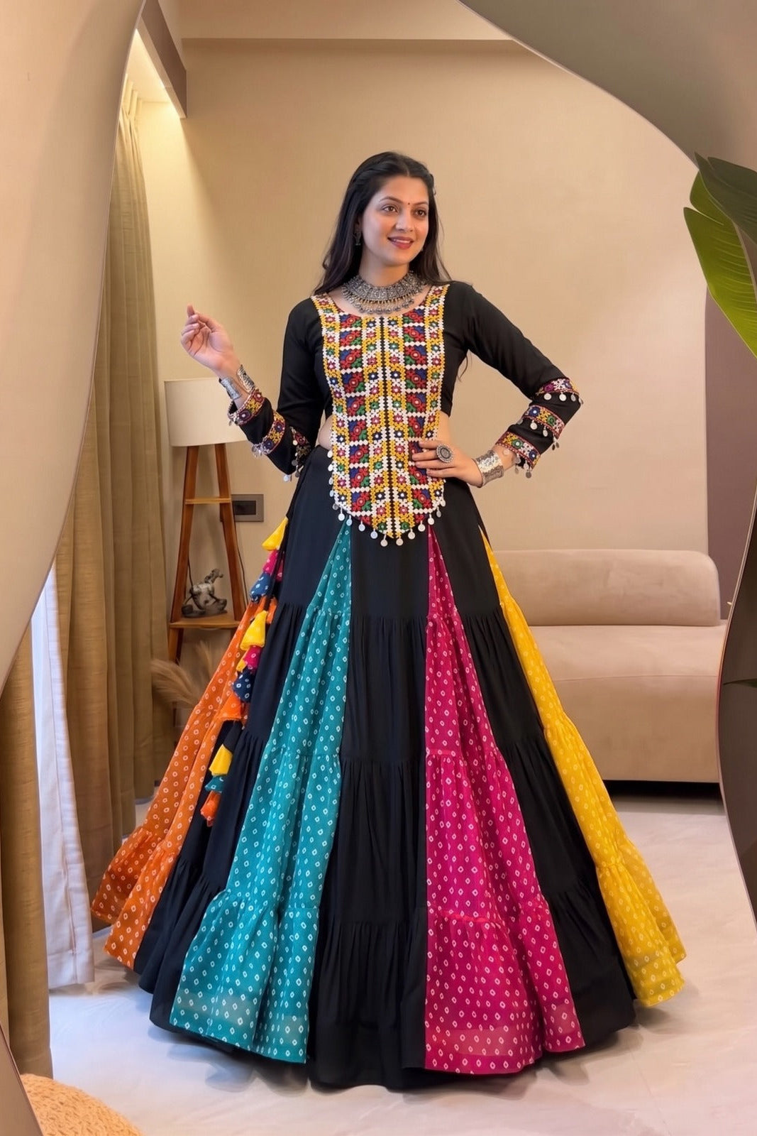 Multicolor Navratri lehenga choli showing the flowing 7-meter festive flair