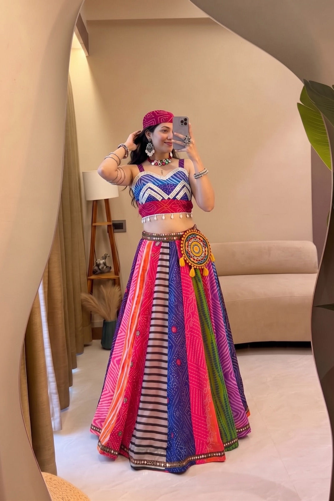 Navratri lehenga choli featuring a colorful sleeveless blouse and coordinated festive styling