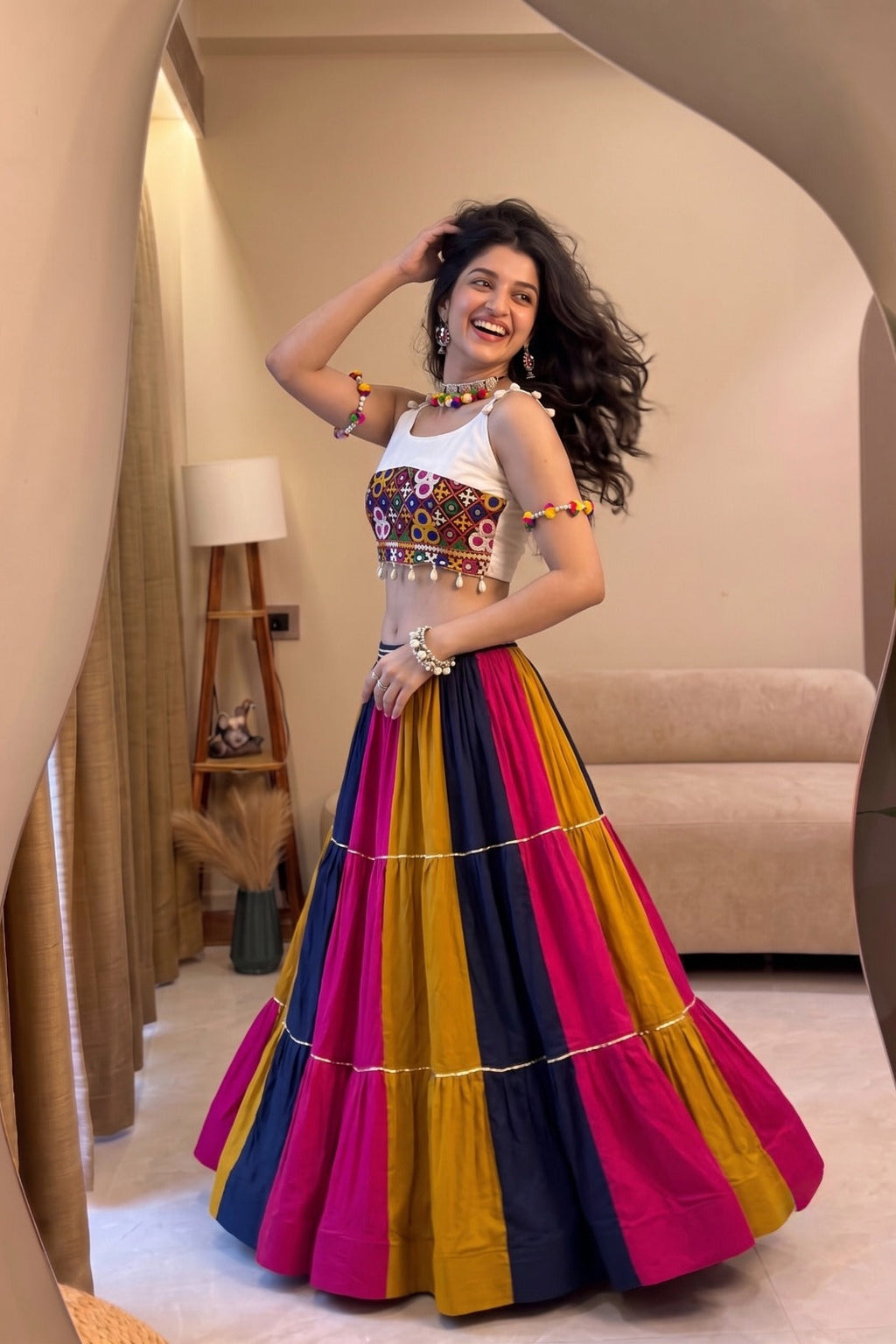Side view of multicolor Navratri lehenga choli with traditional Gamthi work