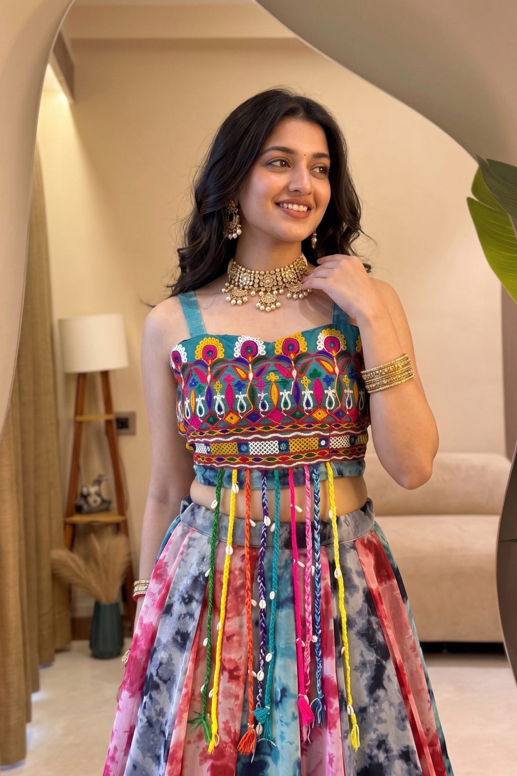 Full Navratri look featuring a multicolor Shibori print lehenga and fancy top