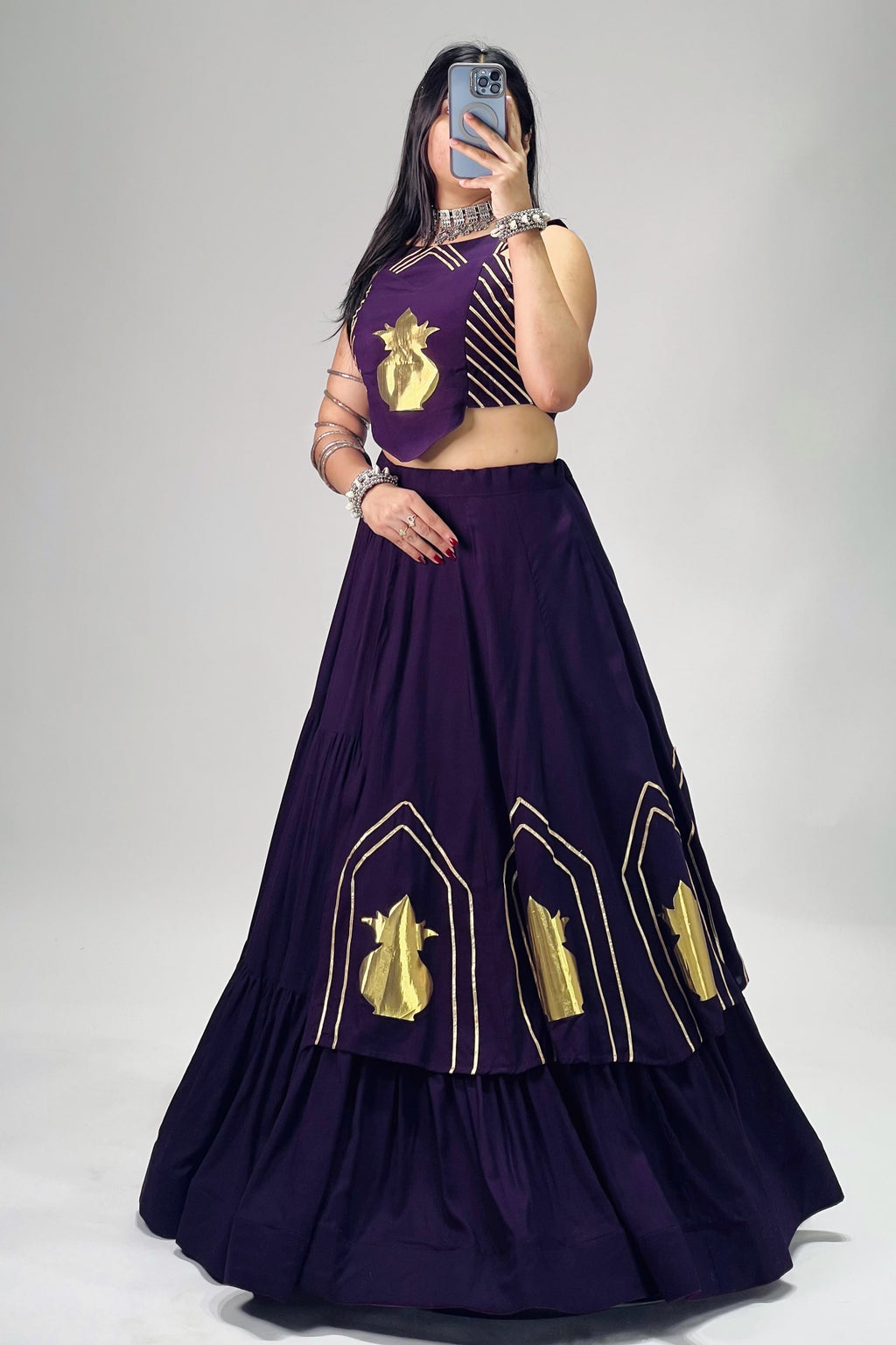 Purple rayon cotton chaniya choli side view with golden festive detailing