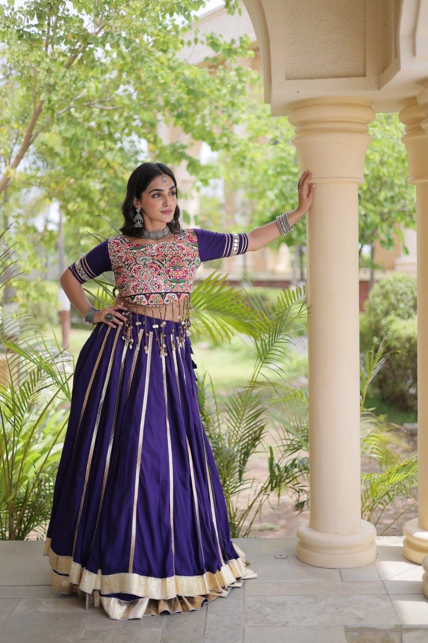 Purple Rayon lehenga with vertical Gota Patti accents and double ghera border