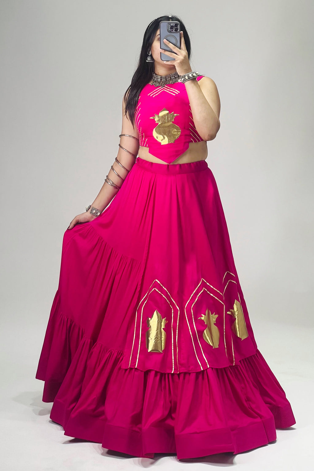 Rani pink rayon cotton chaniya choli with golden Kalash patch work and flared lehenga for Navratri