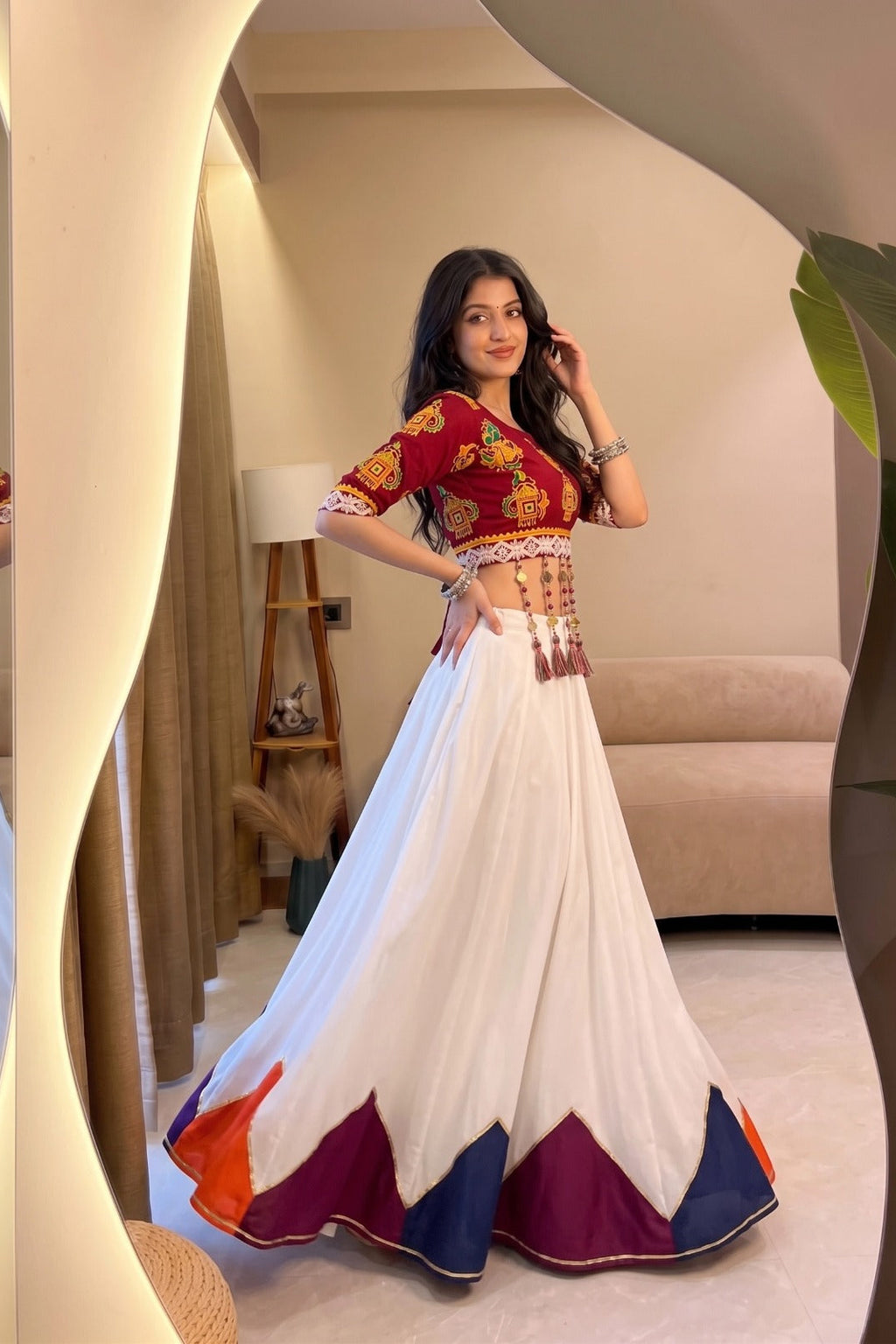 Ready-to-wear chaniya choli featuring white lehenga and colorful kali detailing