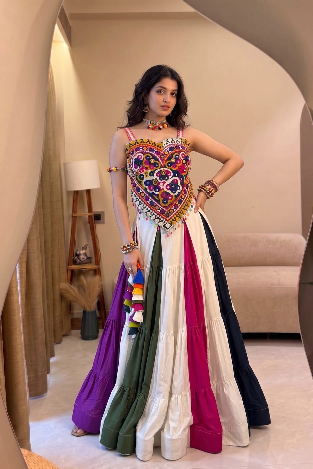 Ready-to-wear Navratri lehenga choli with colorful Kutchi work and mirror details